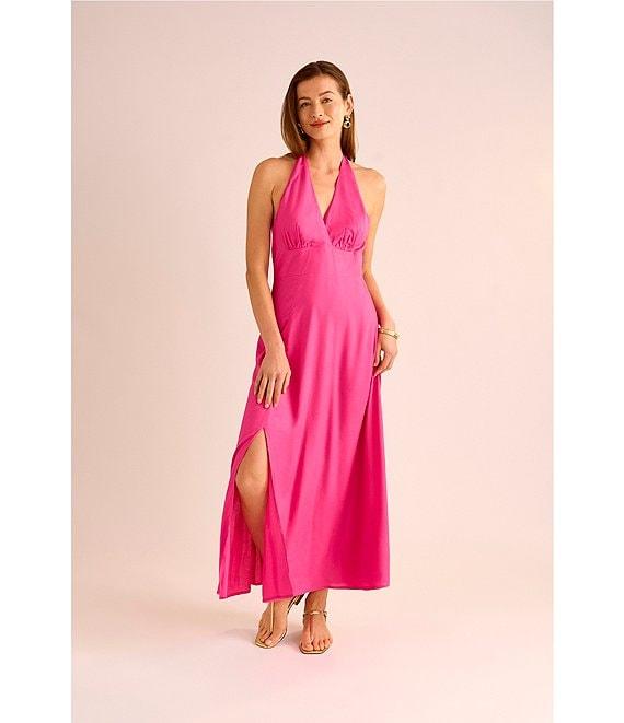 Vince Camuto Woven Halter Neck Sleeveless Beaded Maxi Dress Product Image
