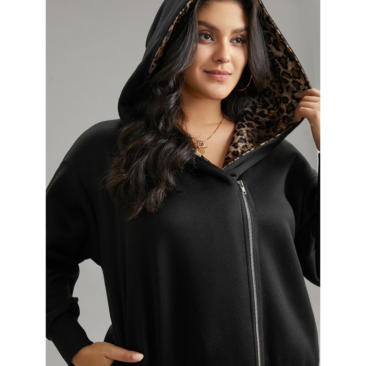 Plus Size Leopard Patchwork Zipper Hooded Jacket Women Black Contrast Pocket Dailywear Jackets BloomChic 18-20/2X Product Image