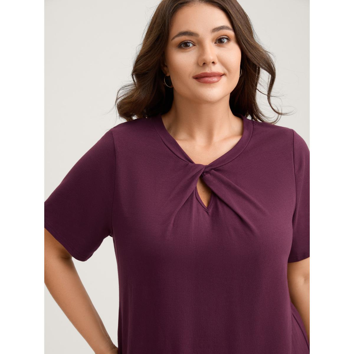 Plus Size Knotted Cut-Out Neckline Solid T-Shirt Eggplant Women Timeless Twist Round Neck Elegant T-shirts BloomChic 26/4X Product Image