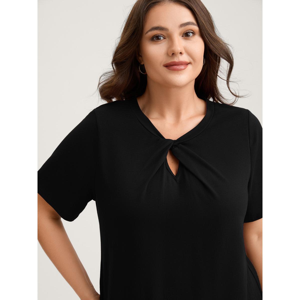 Plus Size Knotted Cut-Out Neckline Solid T-Shirt Black Women Timeless Twist Round Neck Elegant T-shirts BloomChic 12/L Product Image