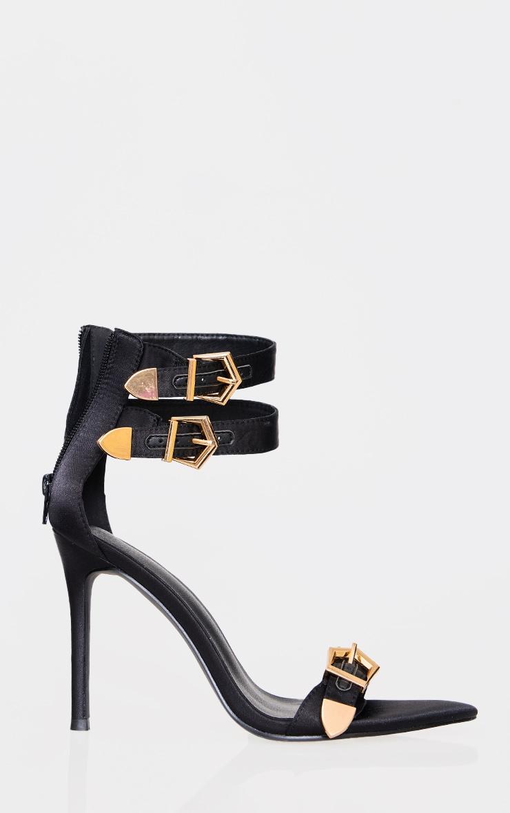 Black Satin Point Toe Buckle Strap High Stiletto Heeled Sandals Product Image