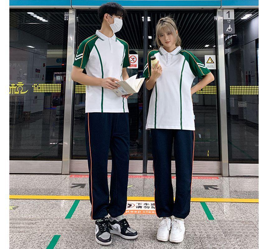 Couple Matching Crew Neck Striped Button Baseball Jacket / Harem Sweatpants / Short-Sleeve Striped Polo Shirt Product Image