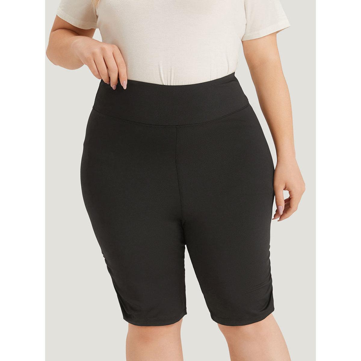 Plus Size Solid Ruched Wideband Waist At The Knees Leggings Women Black Elegant High stretch Skinny High Rise Dailywear Leggings BloomChic 22-24/3X Product Image