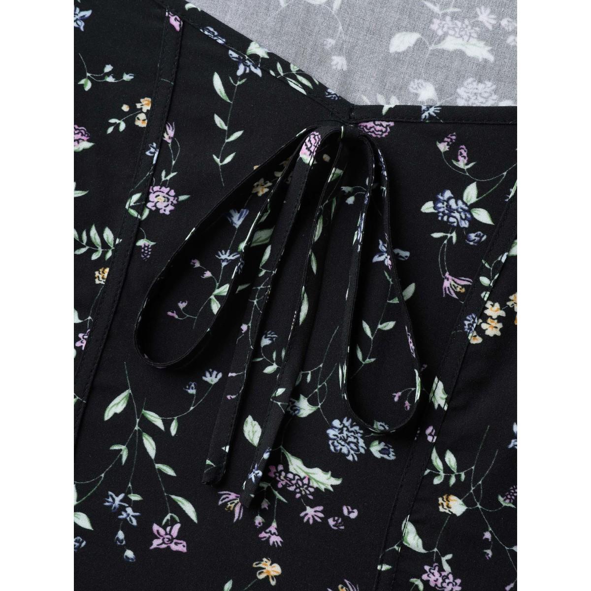Plus Size Black Floral Print Bow Waist-Cinched Shirt Women Cap Sleeve Heart neckline Everyday-Elegant Blouses BloomChic 12/L Product Image