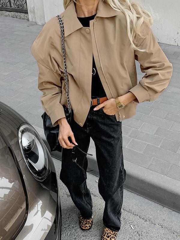 Long Sleeves Loose Buttoned Elasticity Solid Color Zipper Lapel Jackets Outerwear Product Image