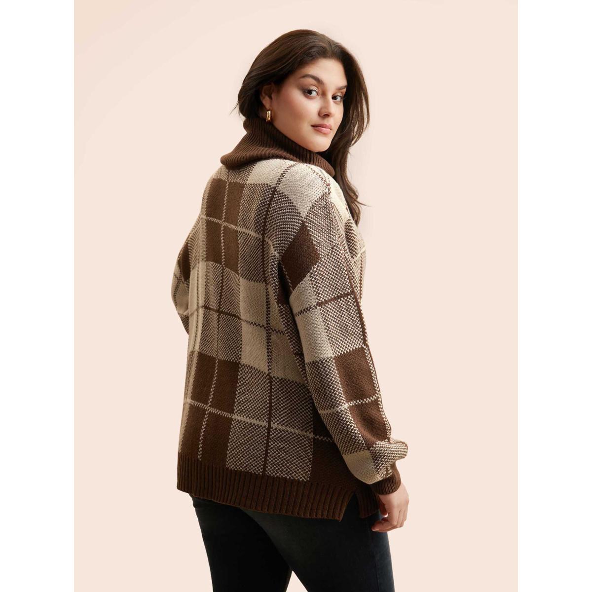 Plus Size Plaid Turtleneck Drop Shoulder Pullover Browncoffeecolor Women Leisure Loose Long Sleeve Turtleneck Casual Pullovers BloomChic 18-20/2X Product Image
