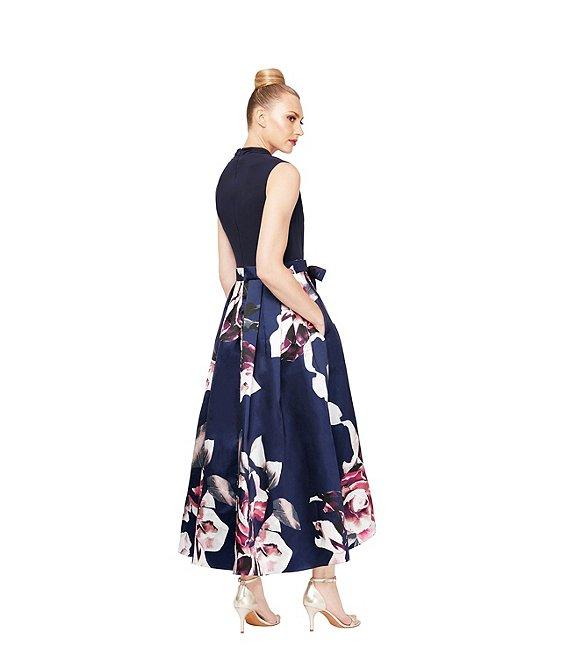 Ignite Evenings Floral Print Mikado Tie Waist V-Neck Sleeveless High-Low Midi Dress Product Image