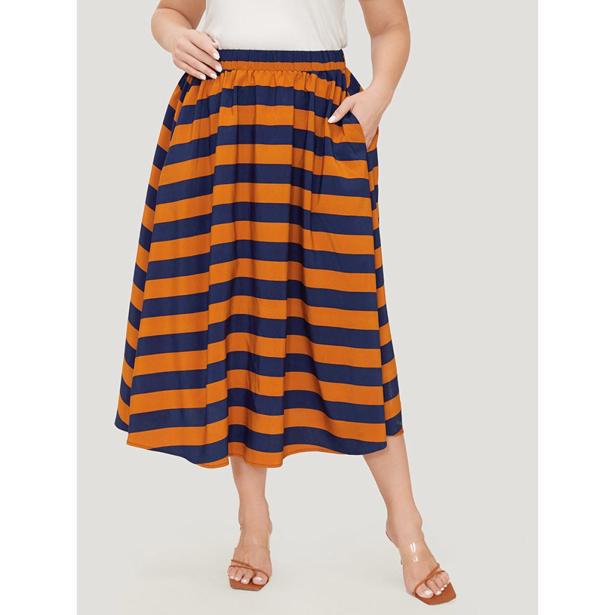 Plus Size Striped Print Ruffle Hem Pocket Skirt Women Multicolor Office Contrast Low stretch Pocket Work Skirts BloomChic 12/L Product Image