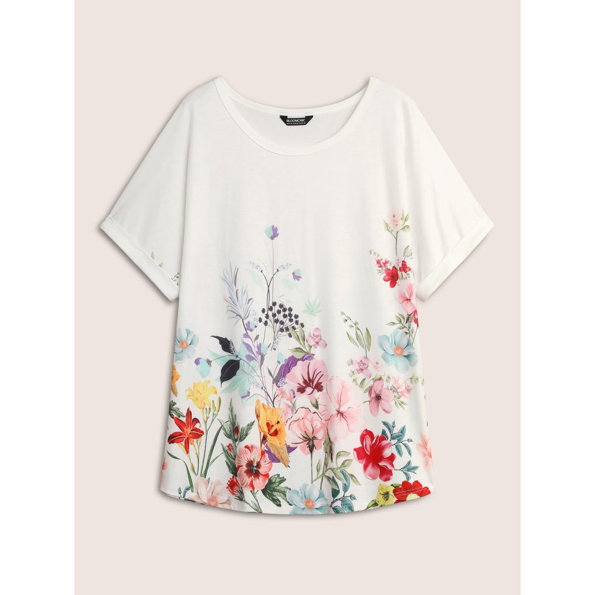 Plus Size Round Neck Natural Flowers Cuffed Sleeve T-shirt Dirtypink Women Elegant Contrast Natural Flowers Round Neck Everyday T-shirts BloomChic 10/M Product Image