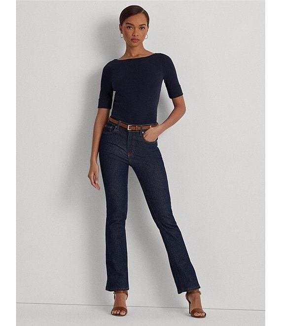 Lauren Ralph Lauren Stretch Cotton Blend Boat Neck Short Rolled Sleeve Shirt Product Image