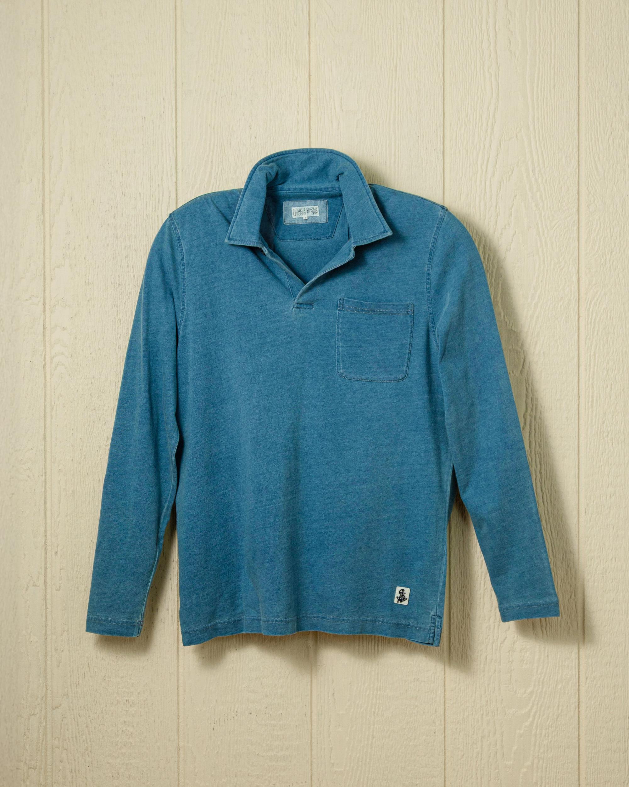 Long Sleeve Indigo Polo in Washed Jersey Product Image