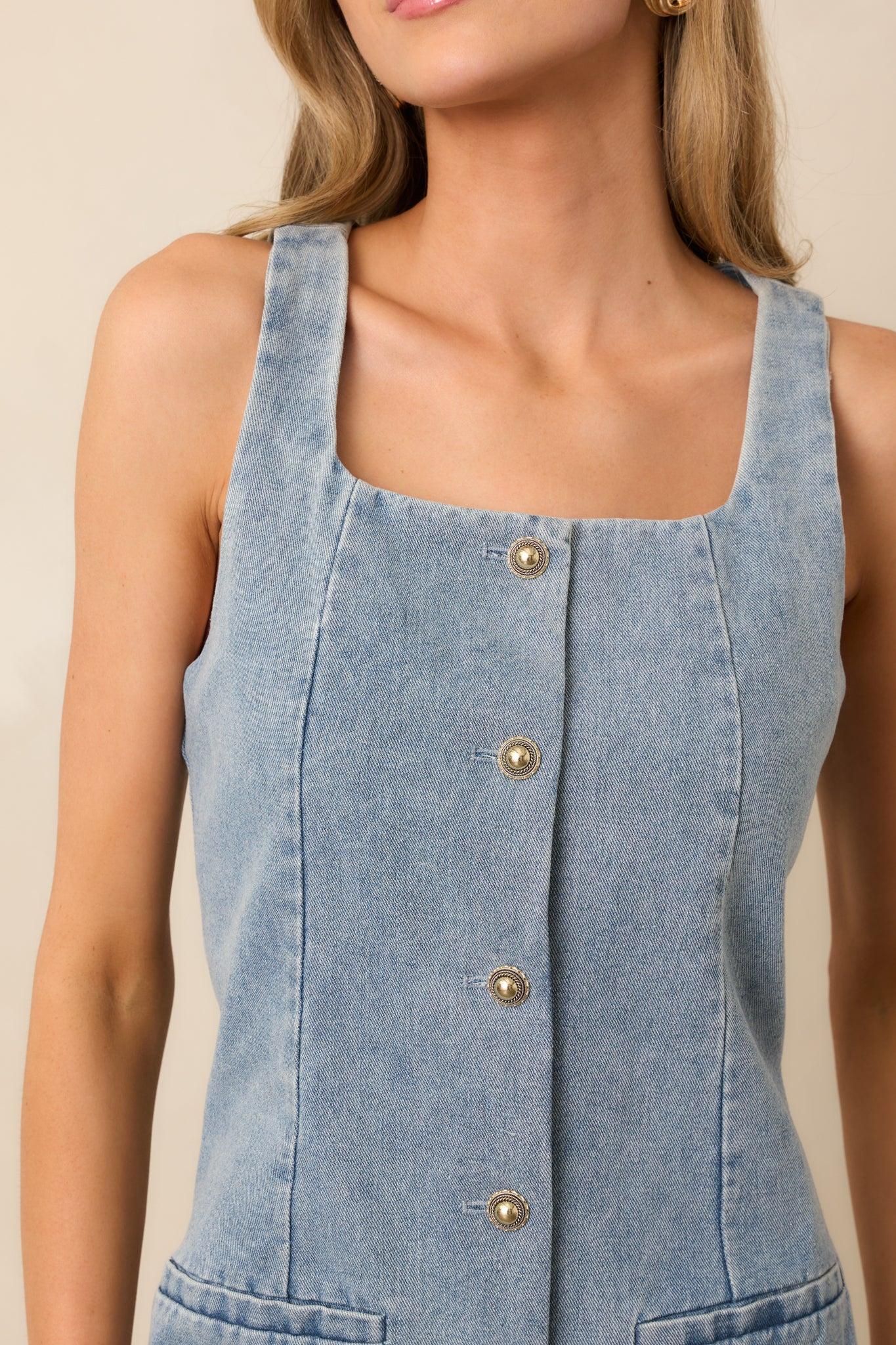 Urban Dreams Light Wash Button Front Denim Mini Dress Product Image