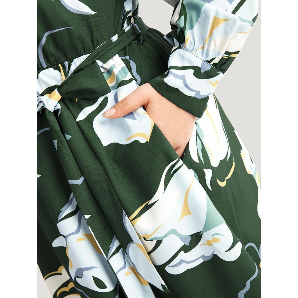 Plus Size Floral Print Belted Long Sleeve Dress DarkGreen Women Vacation Belted V-neck Long Sleeve Curvy Midi Dress BloomChic 28/5X Product Image