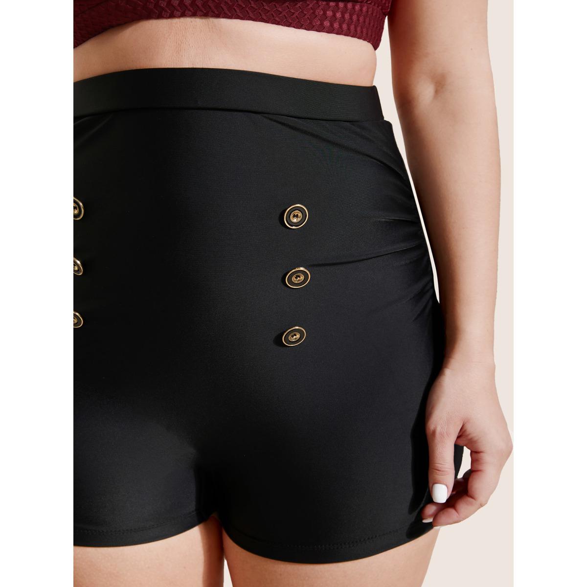 Plus Size Plain Button Detail Skinny Swim Bottom Women's Swimwear Black Beach Button High stretch Skinny High Rise Curve Swim Bottoms BloomChic 10/M Product Image
