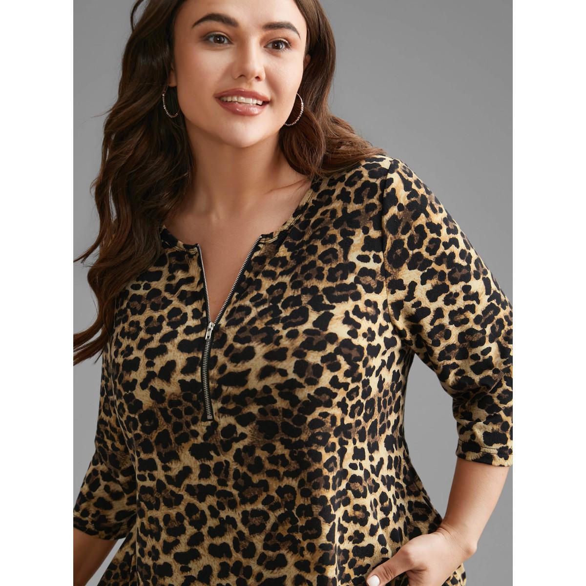 Plus Size Leopard Print Half Zipper Arc Hem T-shirt Leopard Women Casual Non Round Neck Loose Everyday T-shirts BloomChic 28/5X Product Image