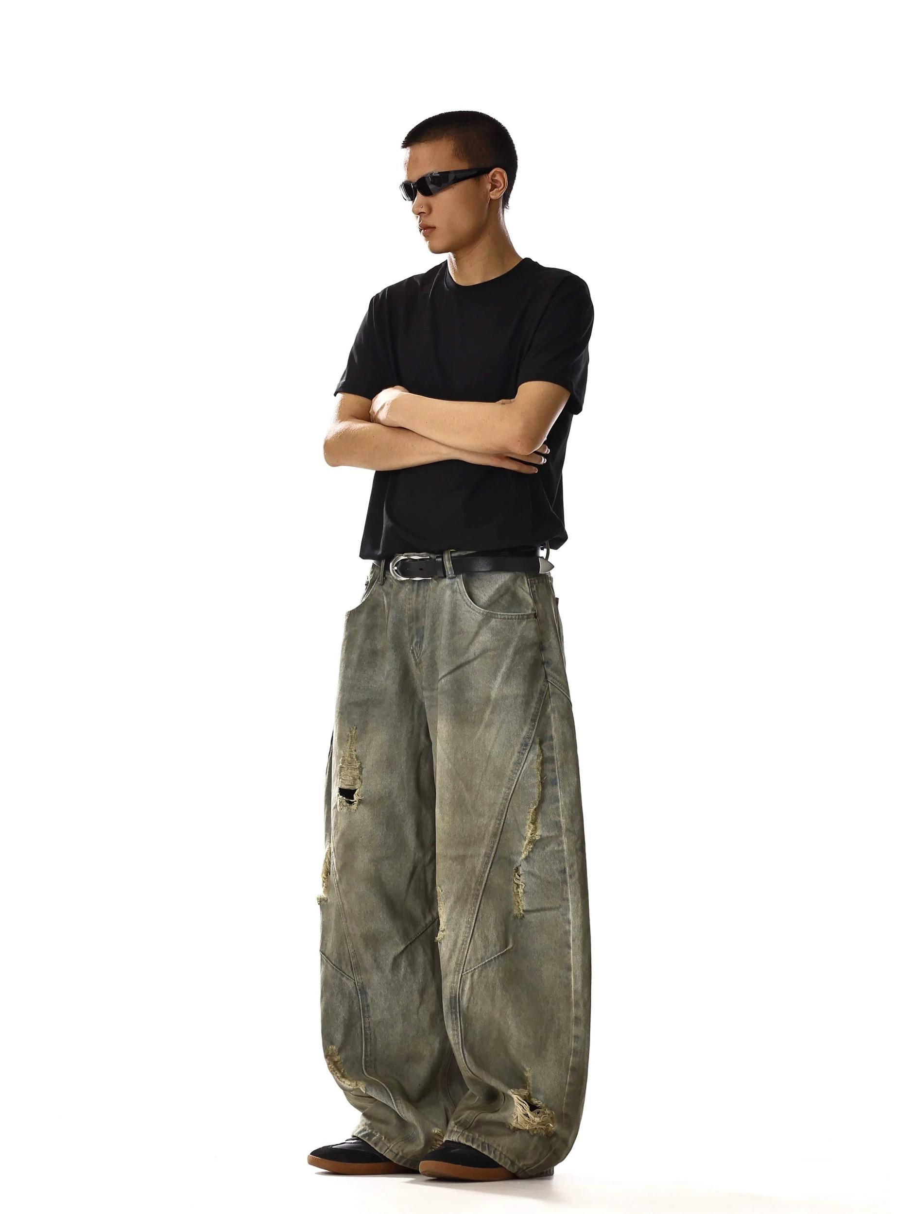 RT No. 18231 GRAY DISTRESSED DENIM PANTS Product Image