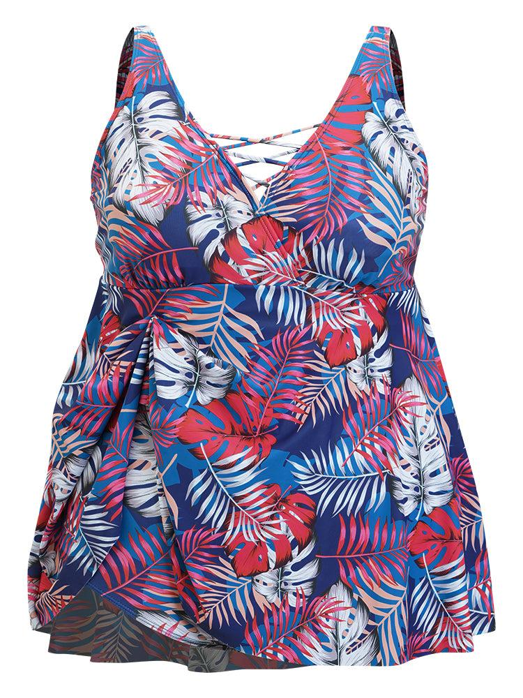 Tropical Print Wrap Ruffles Crisscross Swim Dress Female Product Image