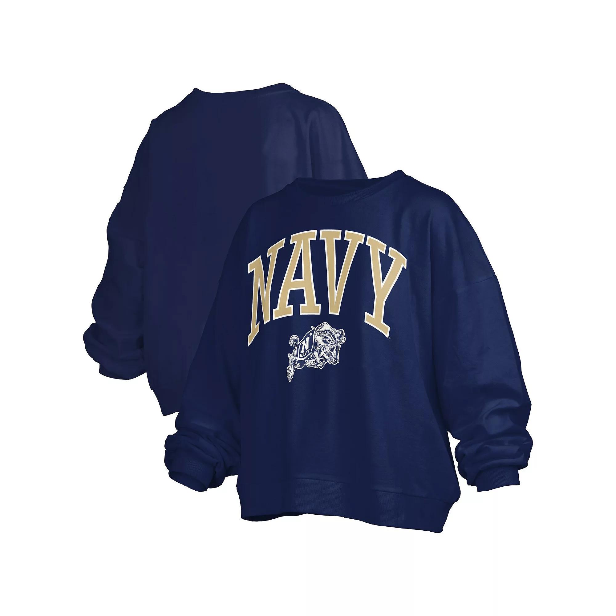 Women's Pressbox Navy Navy Midshipmen Janise Arch Over Logo Waist Length Oversized Pullover Sweatshirt, Size: 2XL, Blue Product Image
