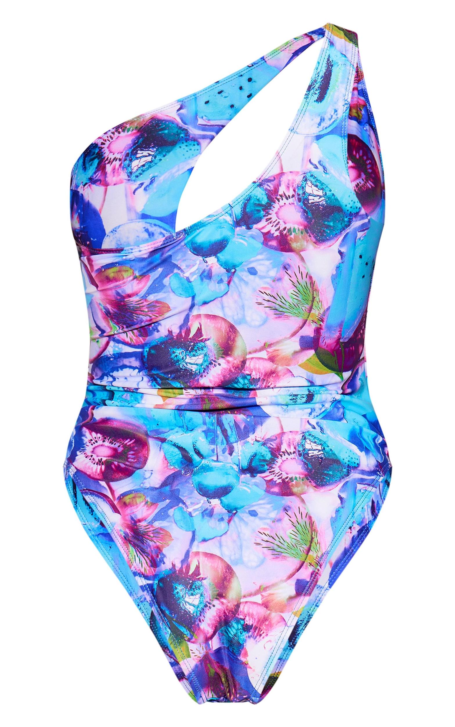 Blue Blurred Fruit Print One Shoulder Cut Out Swimsuit Product Image