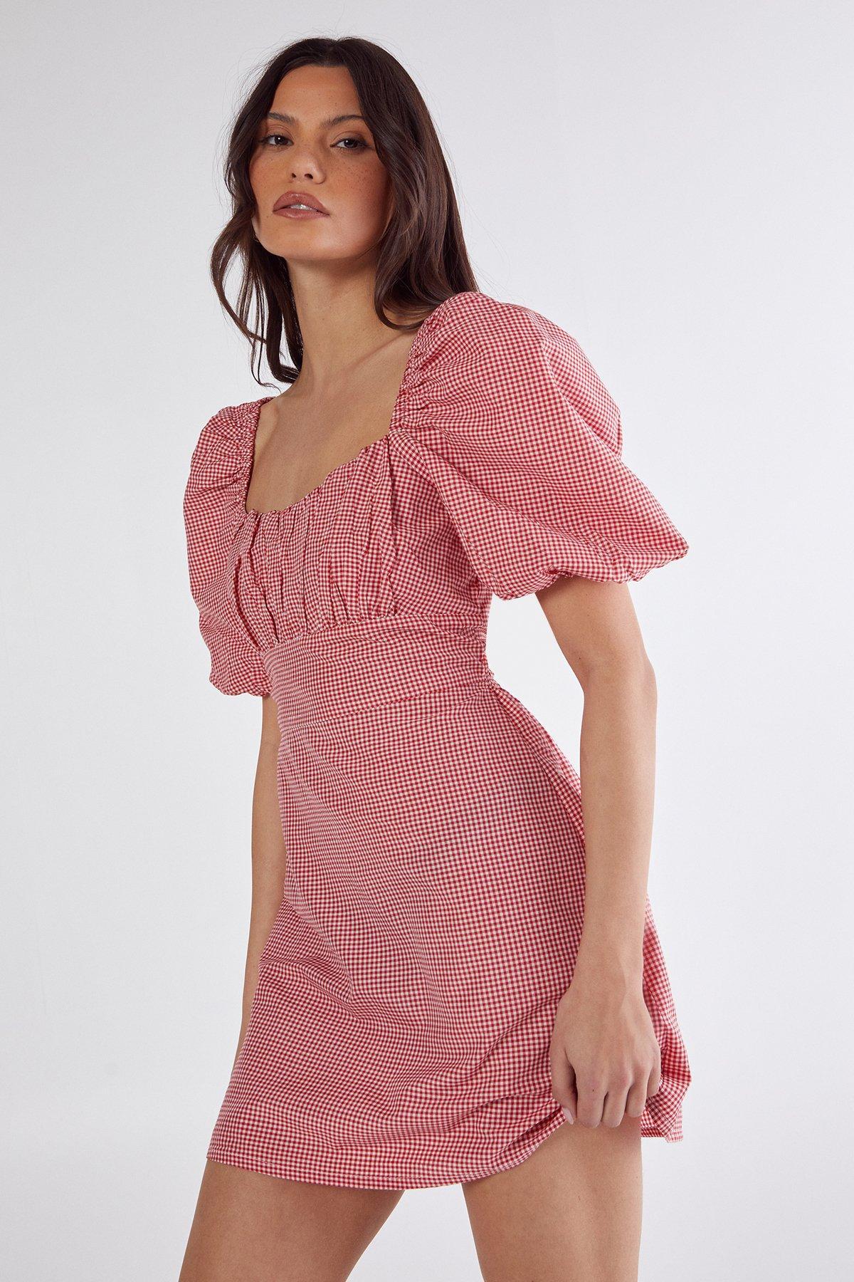 Gingham Puff Sleeve Tie Back Mini Dress Product Image