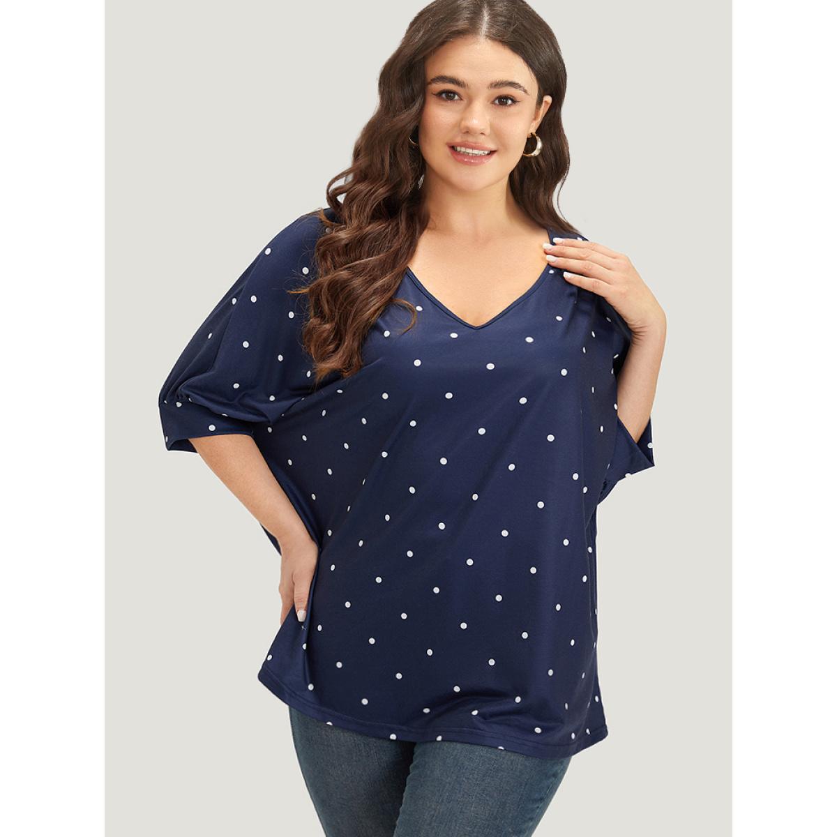 Plus Size Polka Dot V Neck Lantern Sleeve T-shirt Indigo Women Elegant Elastic cuffs Polka Dot V-neck Dailywear T-shirts BloomChic 12/L Product Image