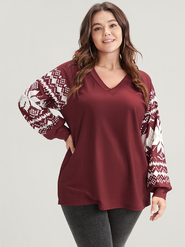 Snowflake Print V Neck Drop Shoulder Sweatshirt Female Product Image