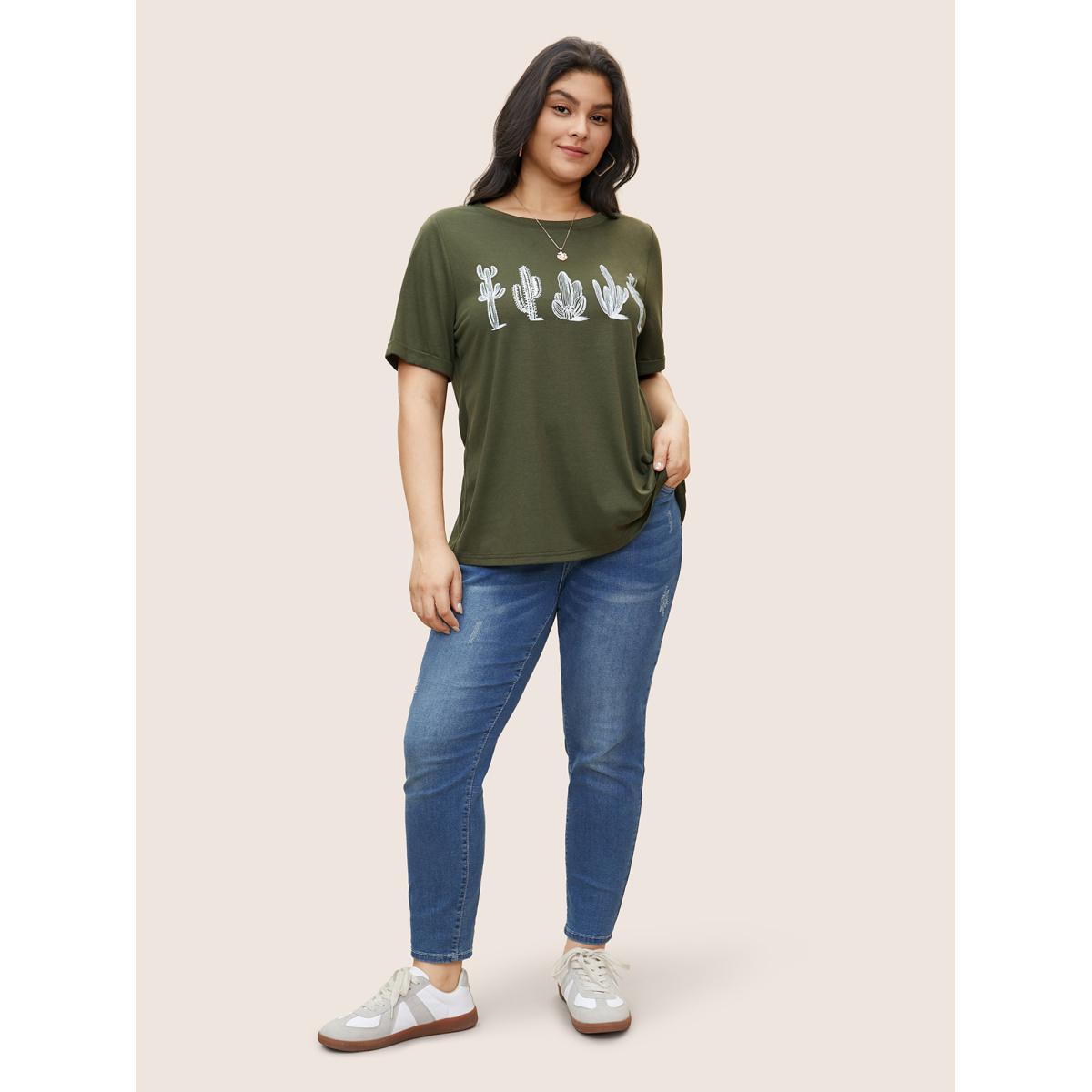 Plus Size Cactus Print Crew Neck T-shirt ArmyGreen Women Casual Non Natural Flowers Everyday T-shirts BloomChic 10/M Product Image