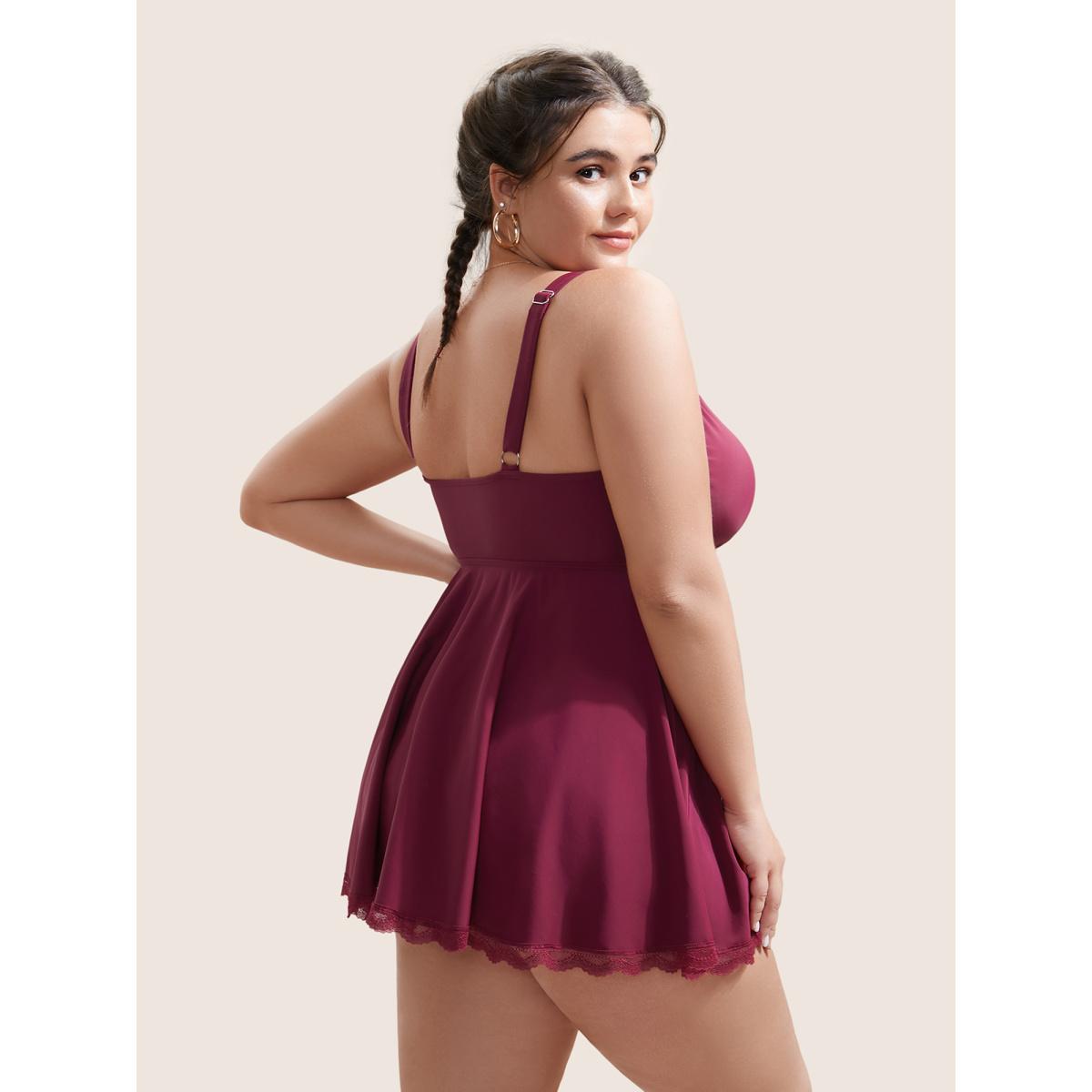 Plus Size Lace Panel Gathered Adjustable Straps Swim Top Women's Swimwear Burgundy Beach Non High stretch Bodycon V-neck Curve Swim Tops BloomChic 18-20/2X Product Image