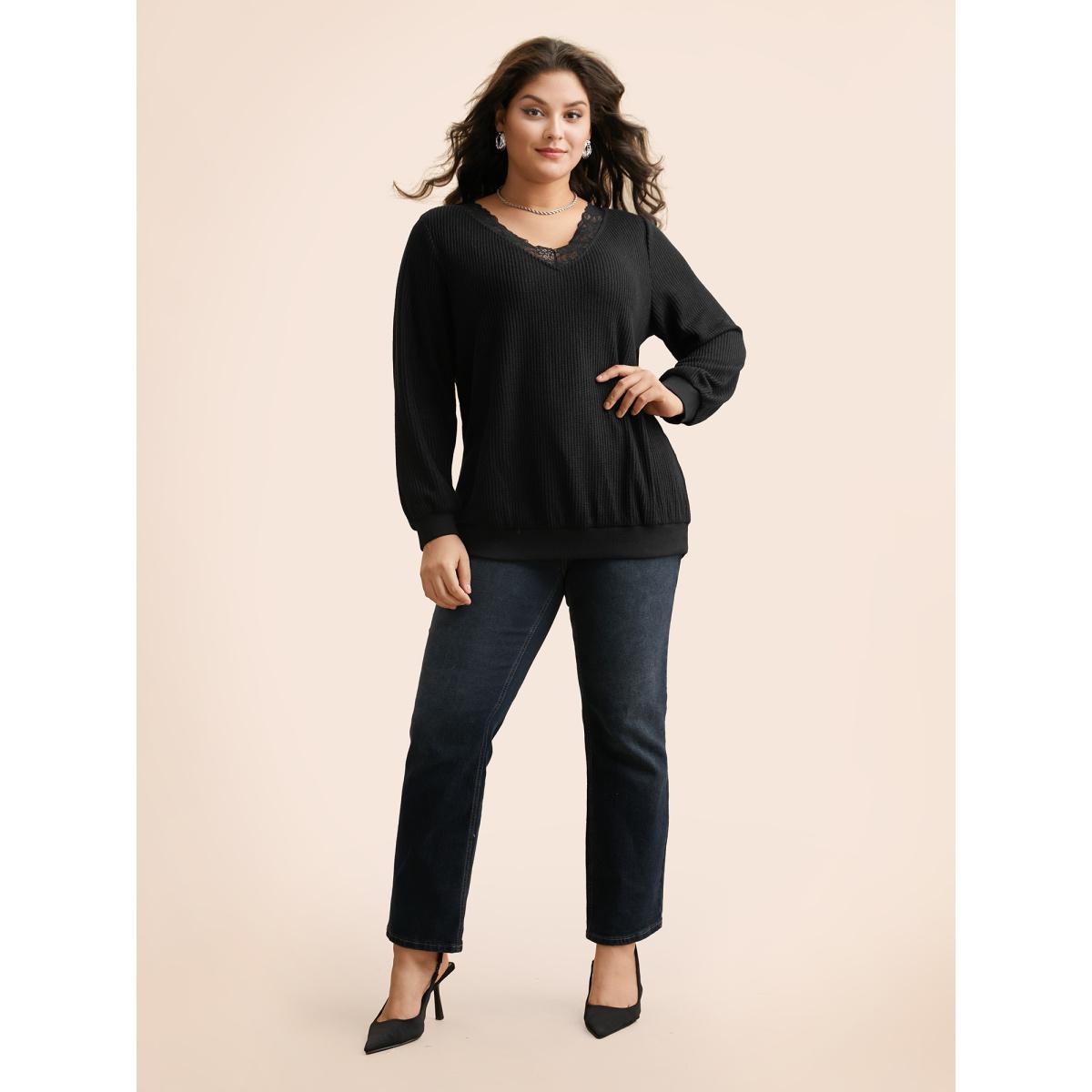 Plus Size Textured V Neck Lace Patchwork Sweatshirt Women Black Elegant Texture Loose V-neck Everyday Sweatshirts BloomChic 14-16/1X Product Image