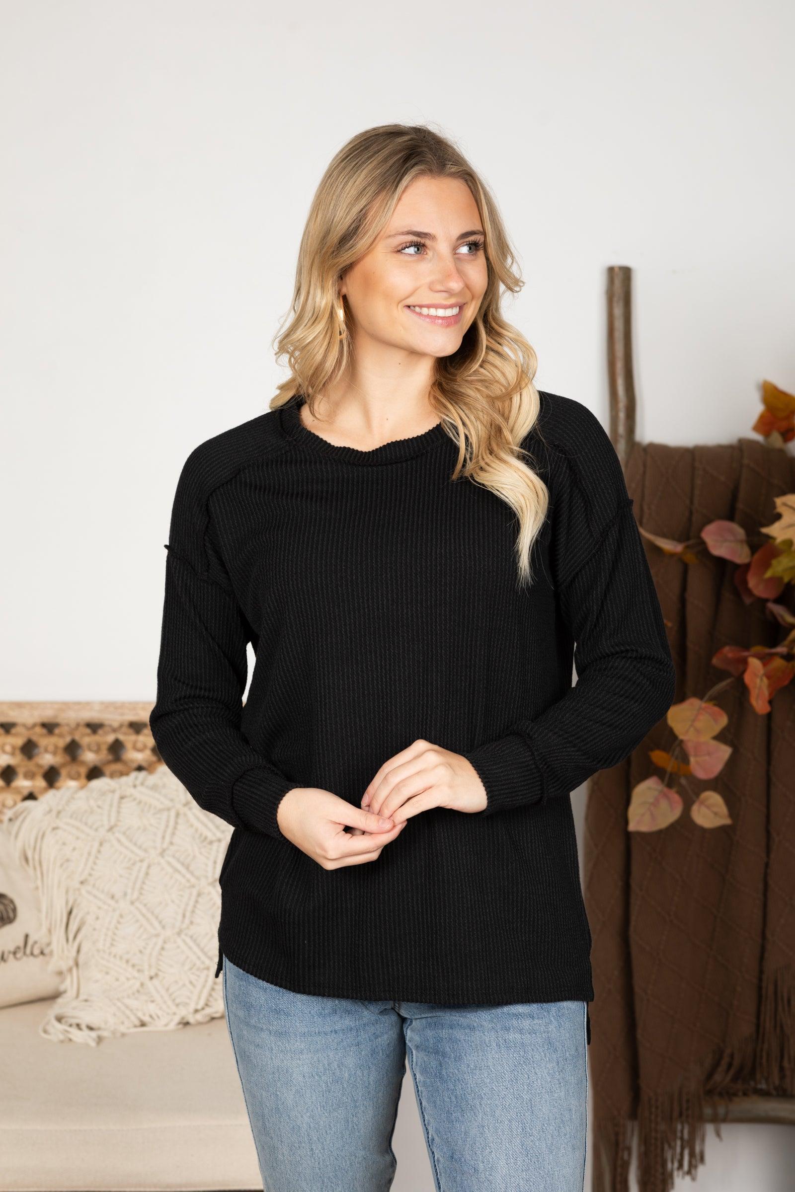 Ribbed Drop Shoulder Long Sleeve Knit Top Product Image