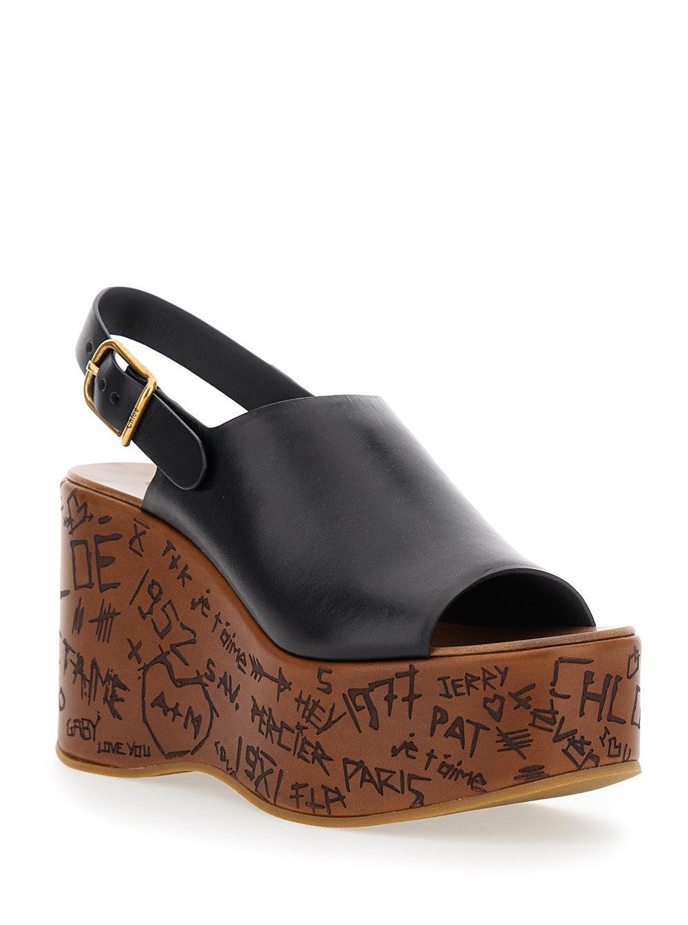 CHLOÉ Maxime Leather Slingback Platform Wedge Sandals In Black Product Image