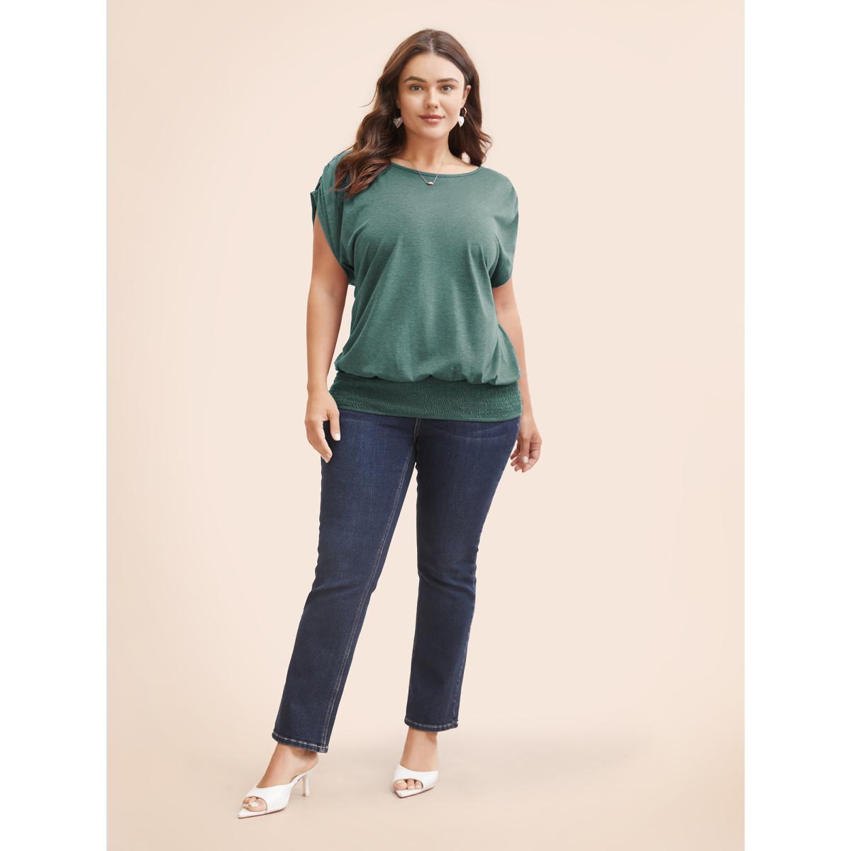 Plus Size Solid Ruched Batwing Sleeve Shirred Hem T-shirt Cyan Women Elegant Ruched Plain Boat Neck Everyday T-shirts BloomChic 22-24/3X Product Image