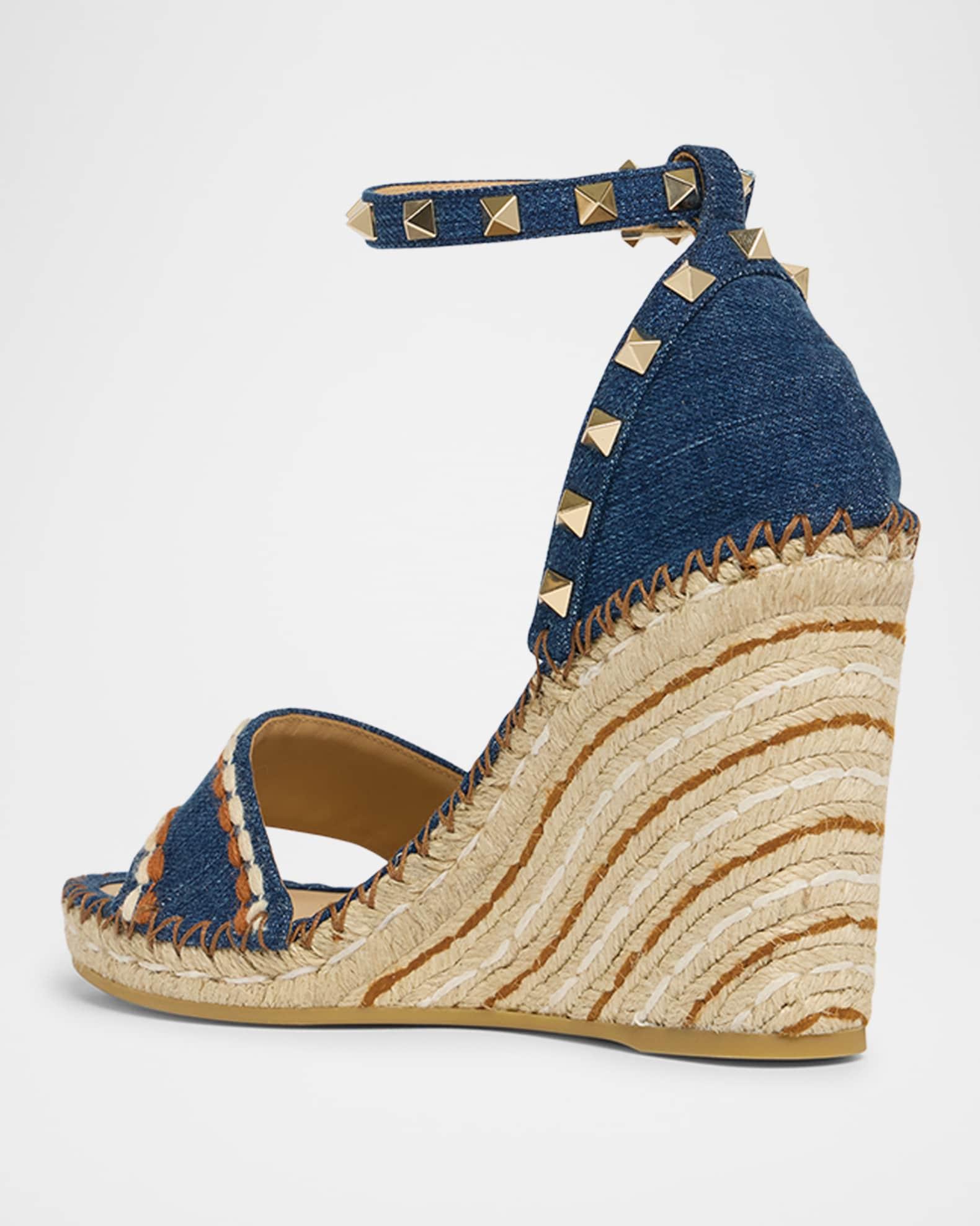 Rockstud Denim Wedge Espadrille Sandals Product Image