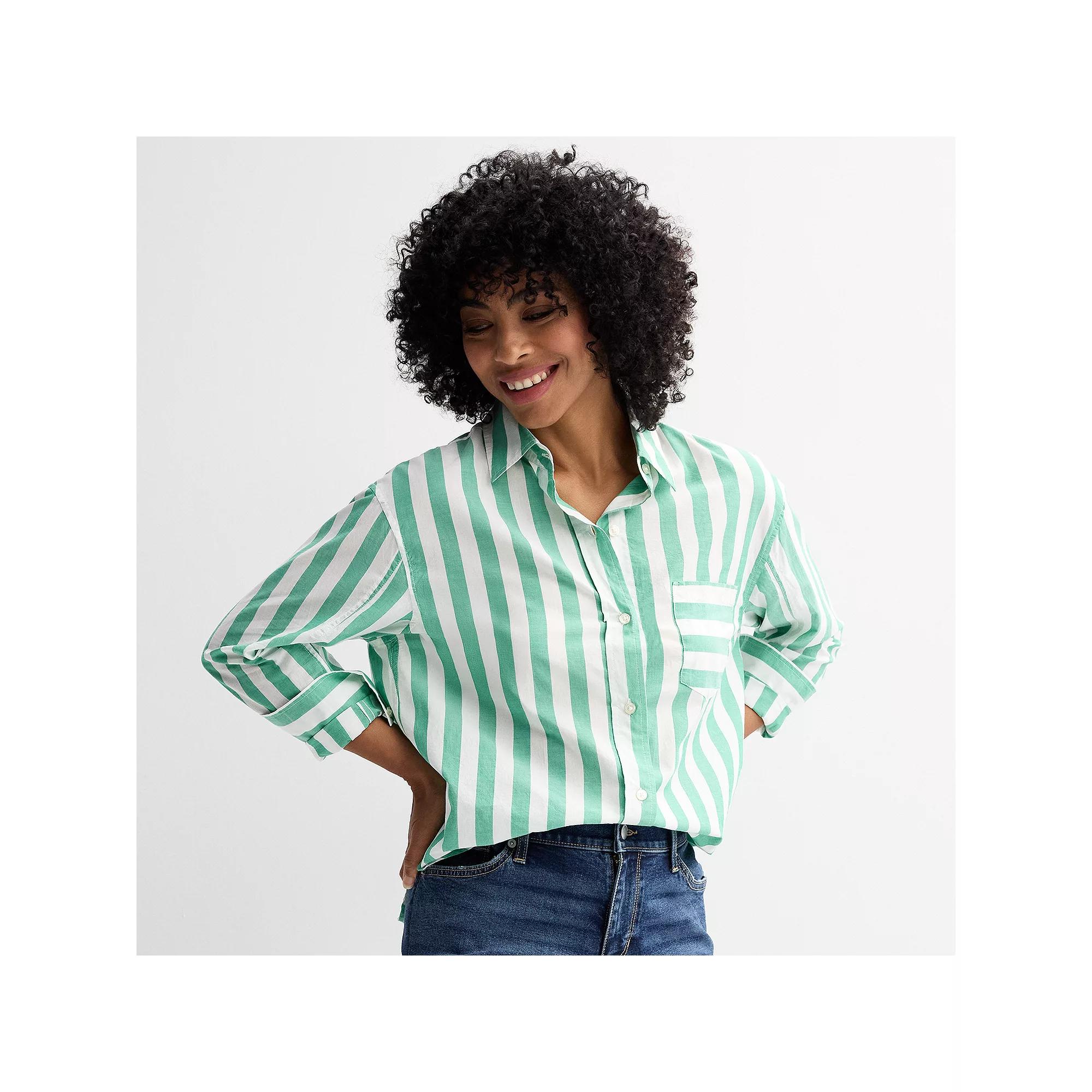 Women's Sonoma Goods For Life® Oversized Boyfriend Shirt, Size: Medium, White Green Stripe Product Image