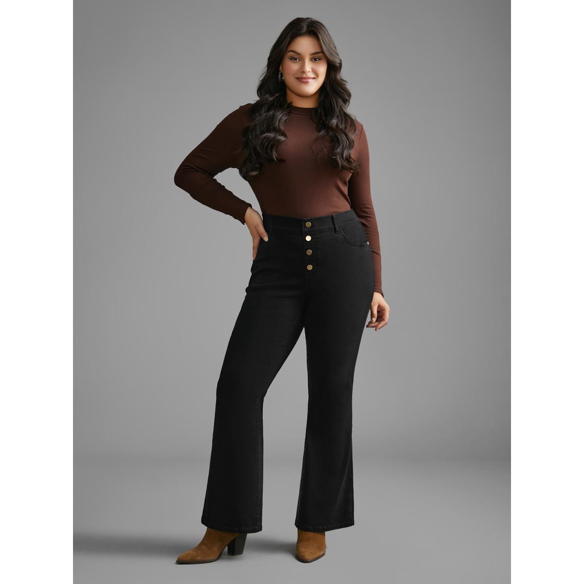 Plus Size Black Wash Buckle Detail Bootcut Jeans Women Denimblack Elegant Button Medium stretch Slanted pocket Jeans BloomChic 24/3X Product Image