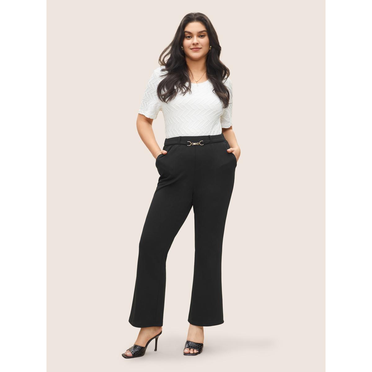 Plus Size Flare Leg Pocket Metal Buckle Detail Pants Women Black At the Office Flare Leg High Rise Work Pants BloomChic 10/M Product Image