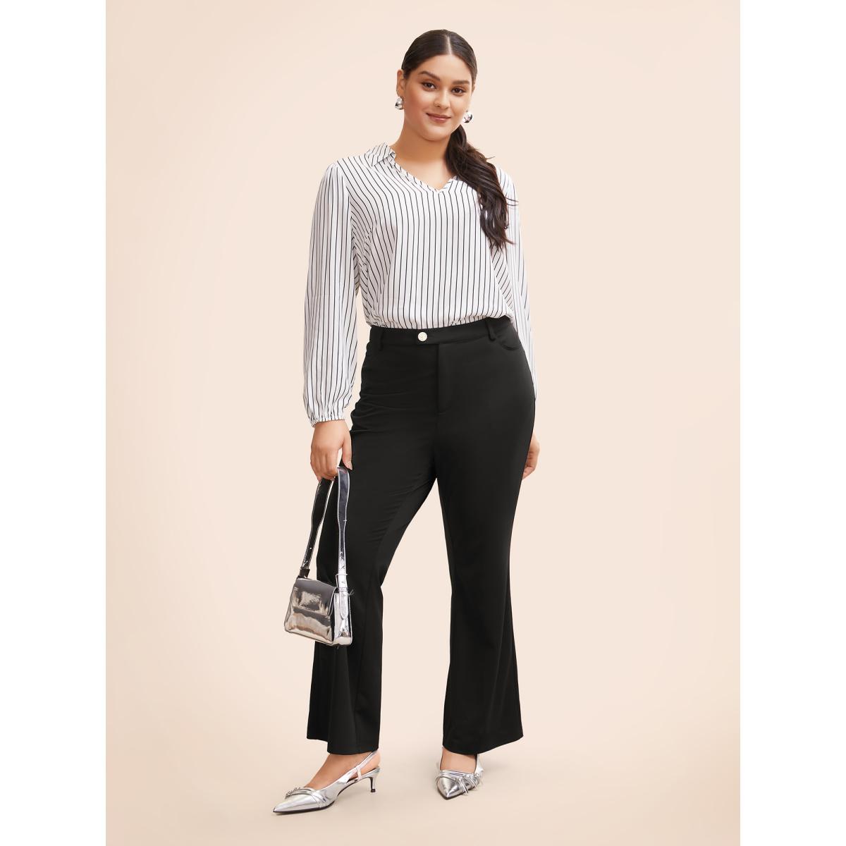Plus Size Medium Stretch Buckle Detail Bootcut Pants Women Black At the Office Bootcut Mid Rise Office Pants BloomChic 12/L Product Image