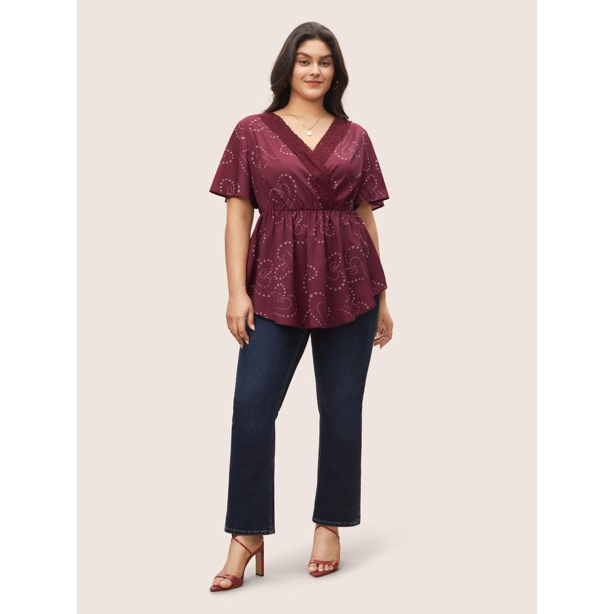 Plus Size Scarlet Heart Lace Patchwork Wrap Elastic Waist Blouse Women Elegant Short sleeve Overlap Collar Everyday Blouses BloomChic 26/4X Product Image