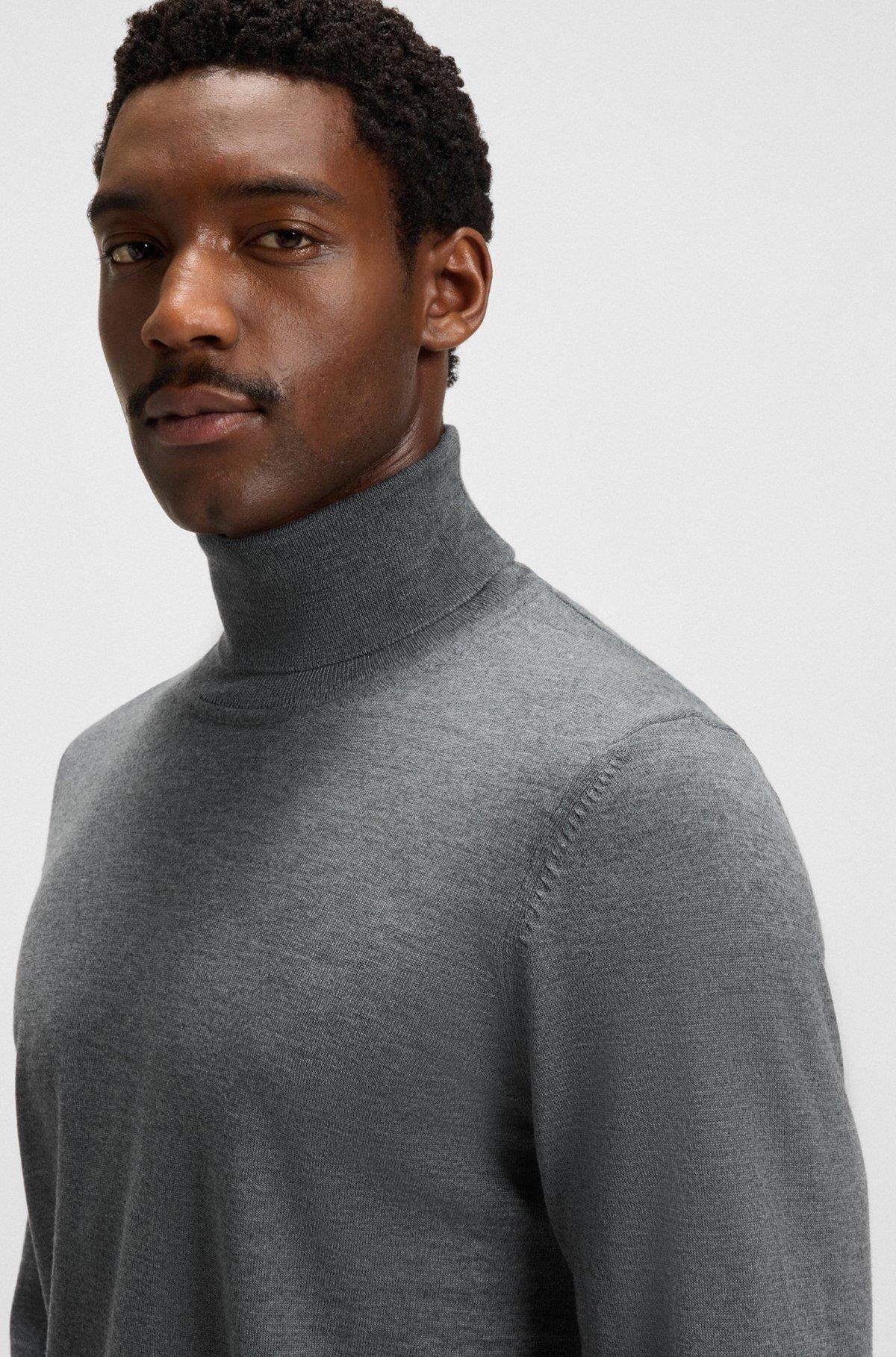 BOSS - Regular-fit roll-neck sweater in mercerized virgin wool - Grey Product Image