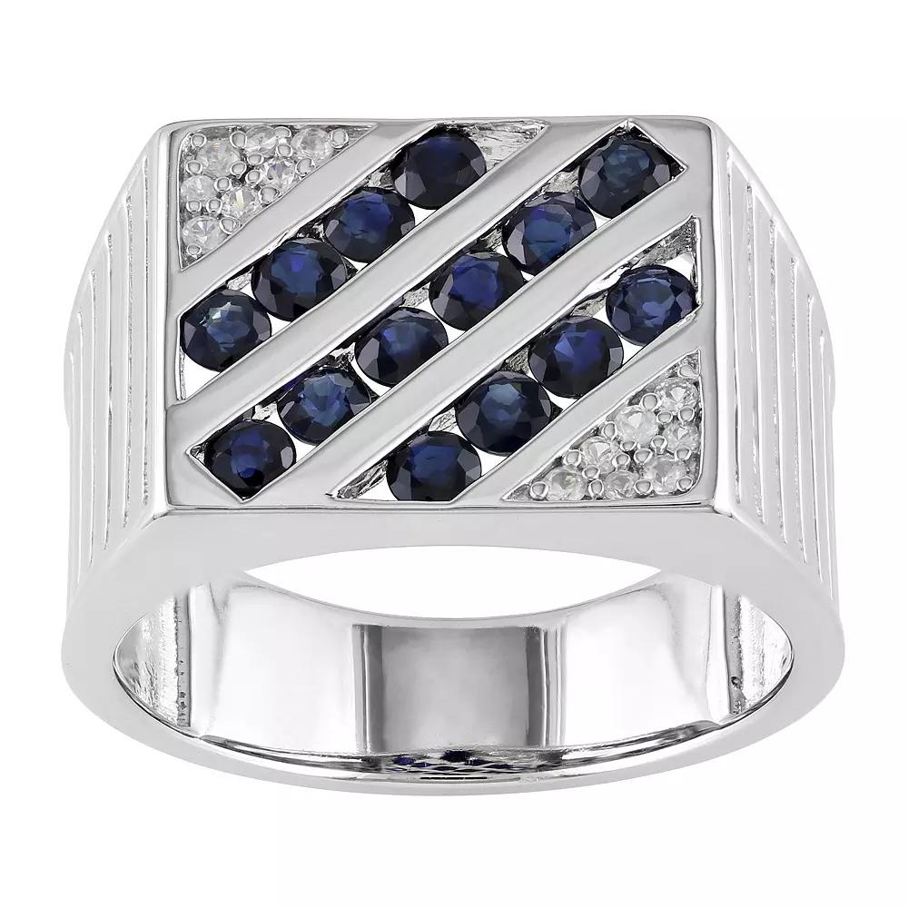 Stella Grace Men's Sterling Silver Blue & White Sapphire Square Ring, Size: 11 Product Image