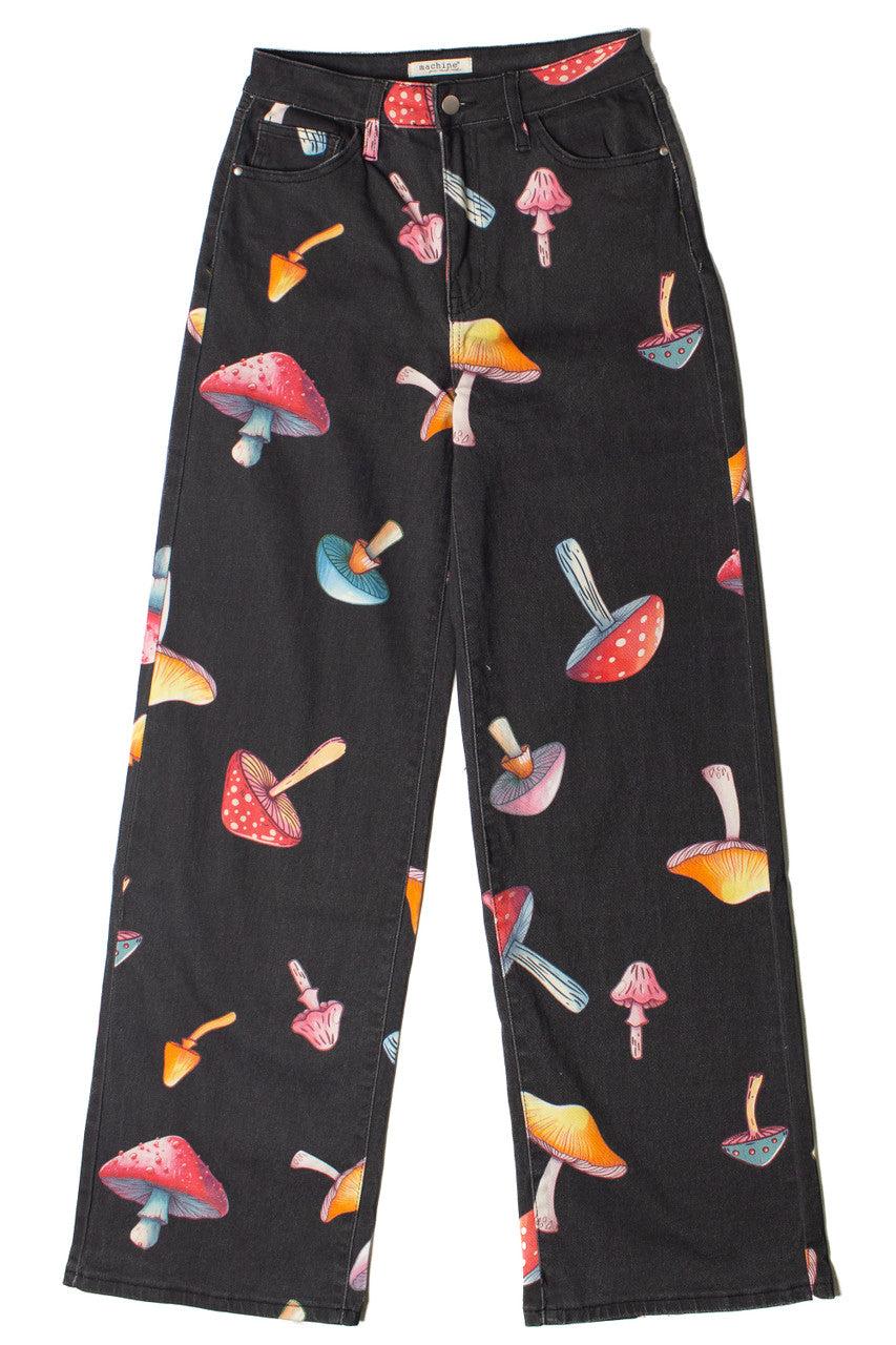 Large Mushroom Print Wide Leg Jeans Product Image