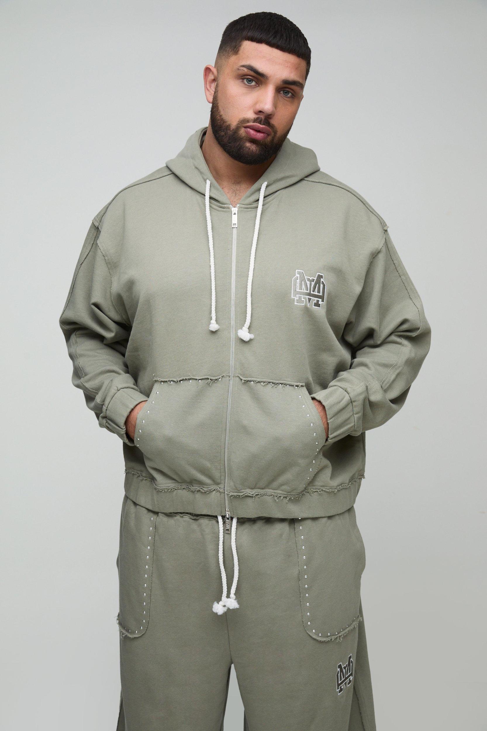Plus Oversized Boxy Zip Thru Seam Detail Hooded Tracksuit | boohooMAN USA Product Image