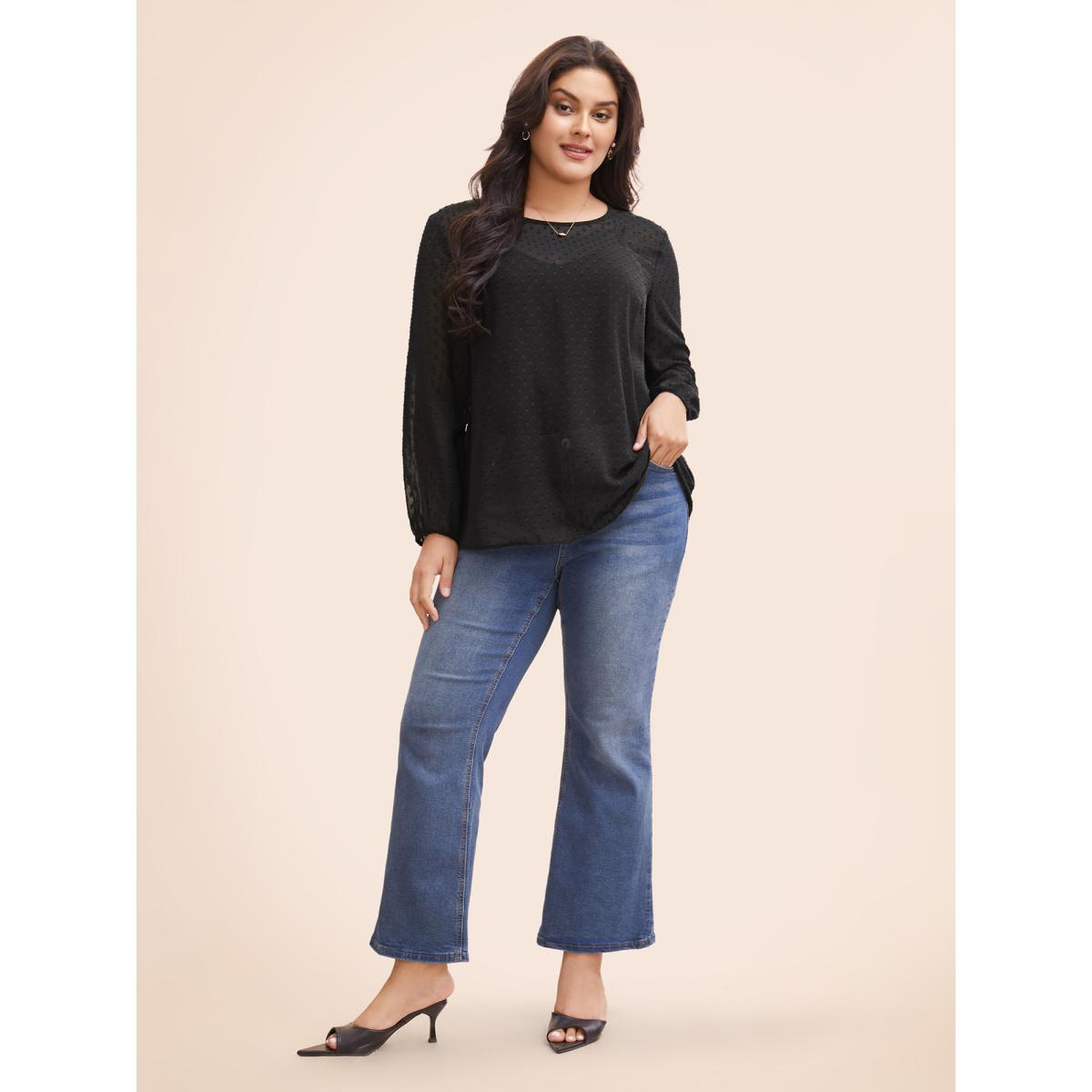 Plus Size Black Appliques Mesh Round Neck Lantern Sleeve Blouse Women Elegant Long Sleeve Round Neck Everyday Blouses BloomChic 22-24/3X Product Image