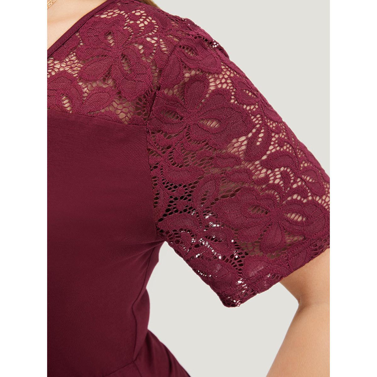 Plus Size Plain Crochet Lace Mesh Surplice Neck Bodysuit Women Burgundy Plain Wrap Bodysuits BloomChic 22-24/3X Product Image