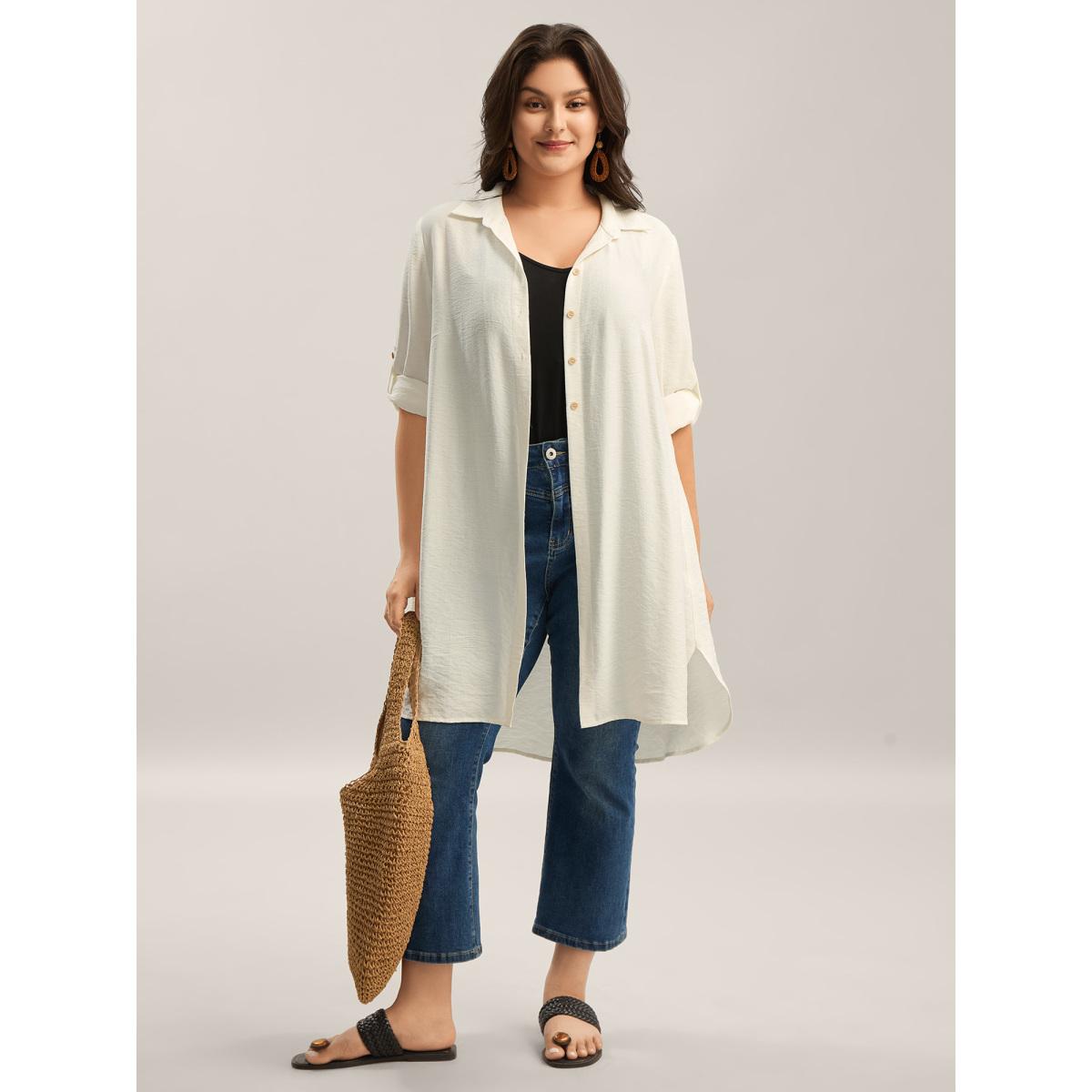 Plus Size Ivory Front-Open Long Basic Blouse Women Leisure Long Sleeve Shirt collar Vacation Blouses BloomChic 30/6X Product Image