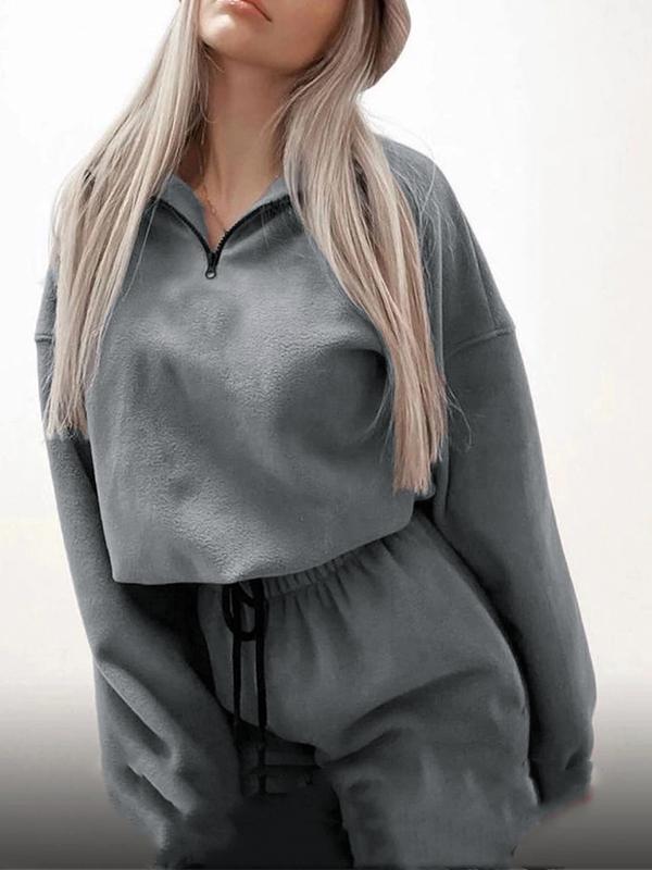 Solid Half Zip Short Hoodie & Bound Feet Sweatpants Set Product Image