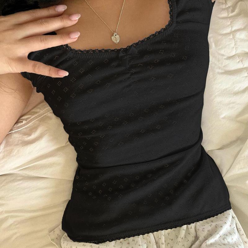 Cap Sleeve / Long Sleeve Square-Neck Lace-Trim Bow Accent Plain Pointelle Crop Top Product Image