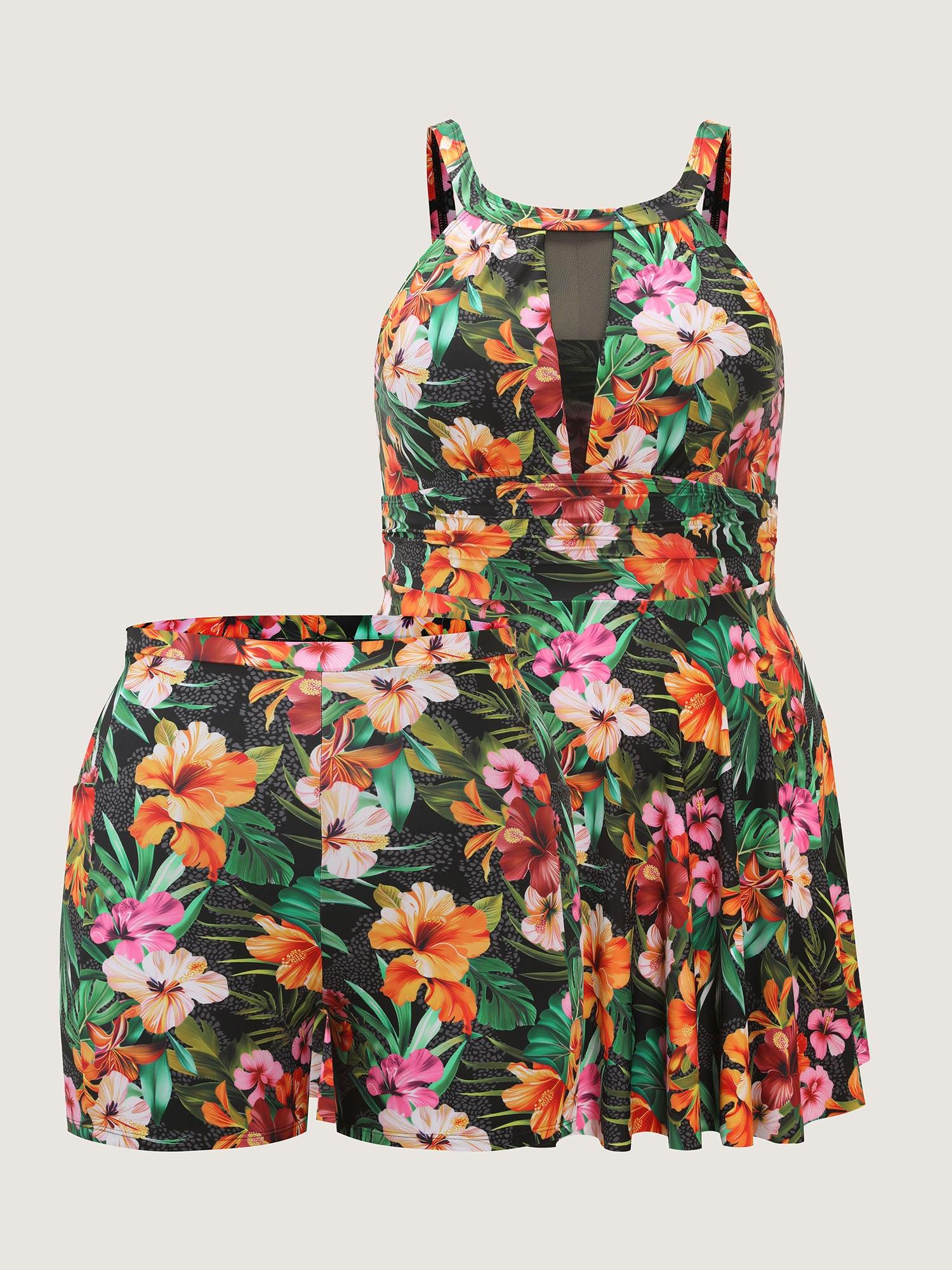 Tropical Floral Print Hip Coverage Swim Dress Female Product Image