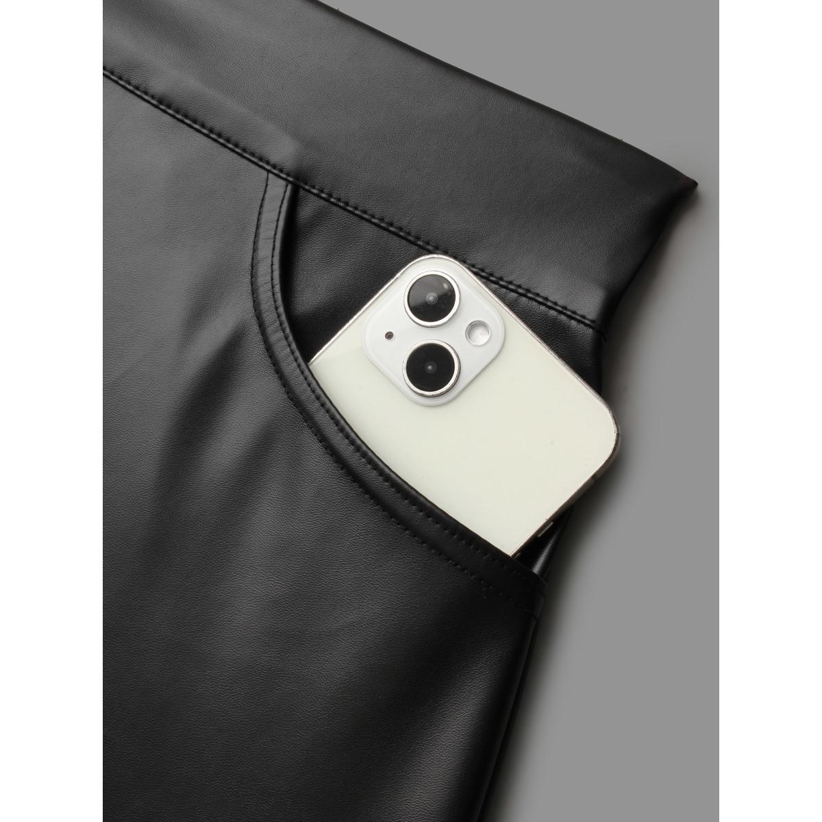 Plus Size PU Leather Elastic Waist Split Hem Skirt Women Black Elegant Slit Low stretch Slanted pocket Everyday Skirts BloomChic 28/5X Product Image