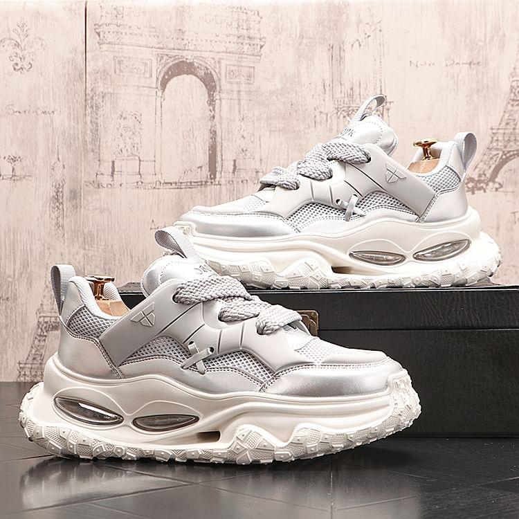 Hidden Wedge Mesh Panel Lace-Up Sneakers Product Image